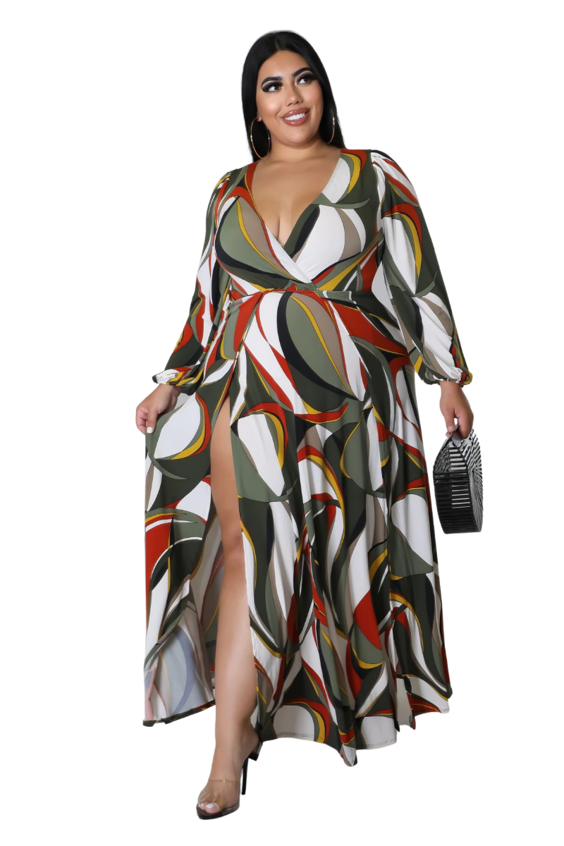 Final Sale  Size Faux Wrap Maxi Dress with Double Slits in Olive Multi Color Print