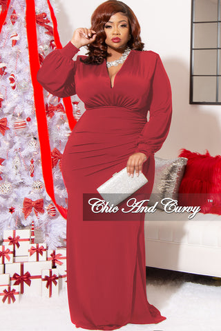Final Sale Plus Size V-Neck Gown with Ruched Overlay in Red