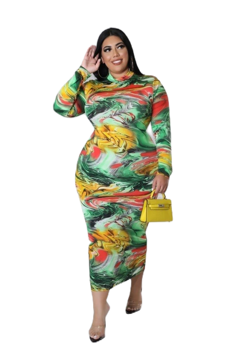 Final Sale Plus Size Long Sleeve Reversible BodyCon Dress in Green Multi Color Print