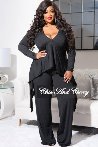 Final Sale Plus Size Ribbed 2pc Set with Peplum Front and Crop Back Top & Pants in Black