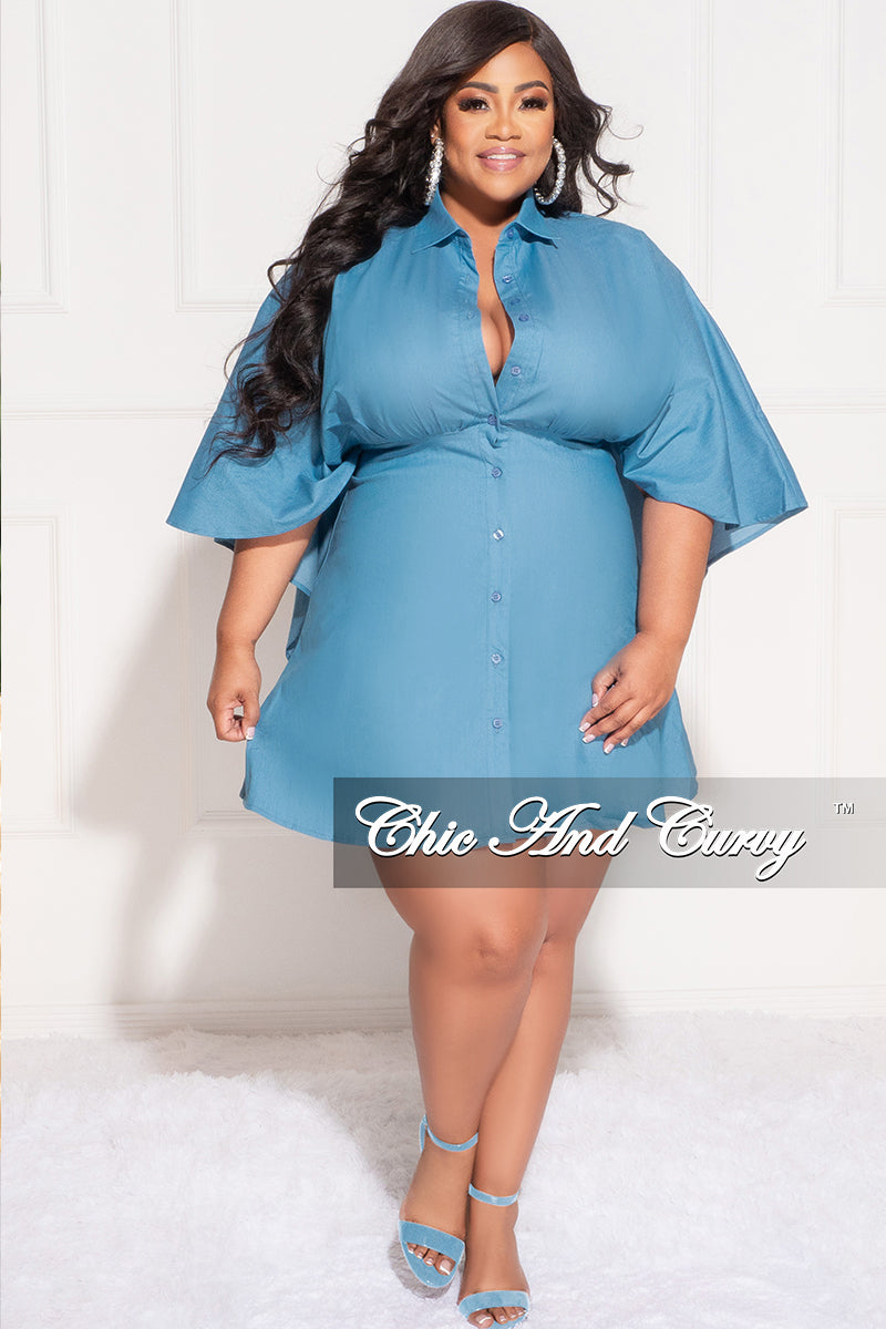Final Sale Plus Size Collar Button Up Cap Sleeve Dress in Blue