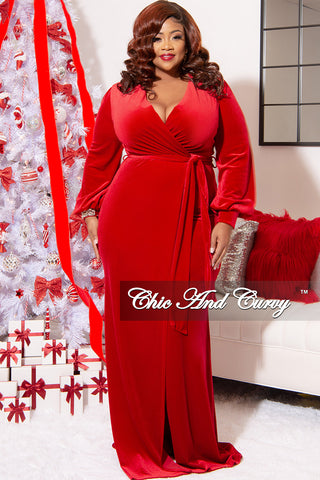 Final Sale Plus Size Faux Wrap Gown with Tie Belt in Red Velvet