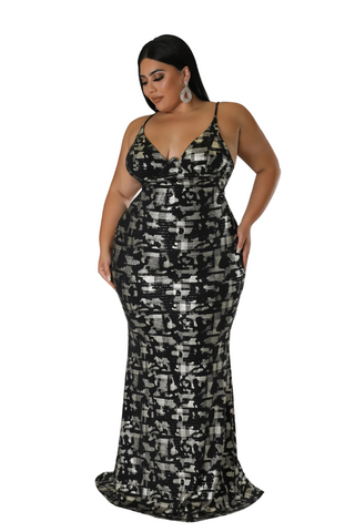 Available Online Only - Final Sale Plus Size Spaghetti Strap Gown in Black and Gold Foil Design Print