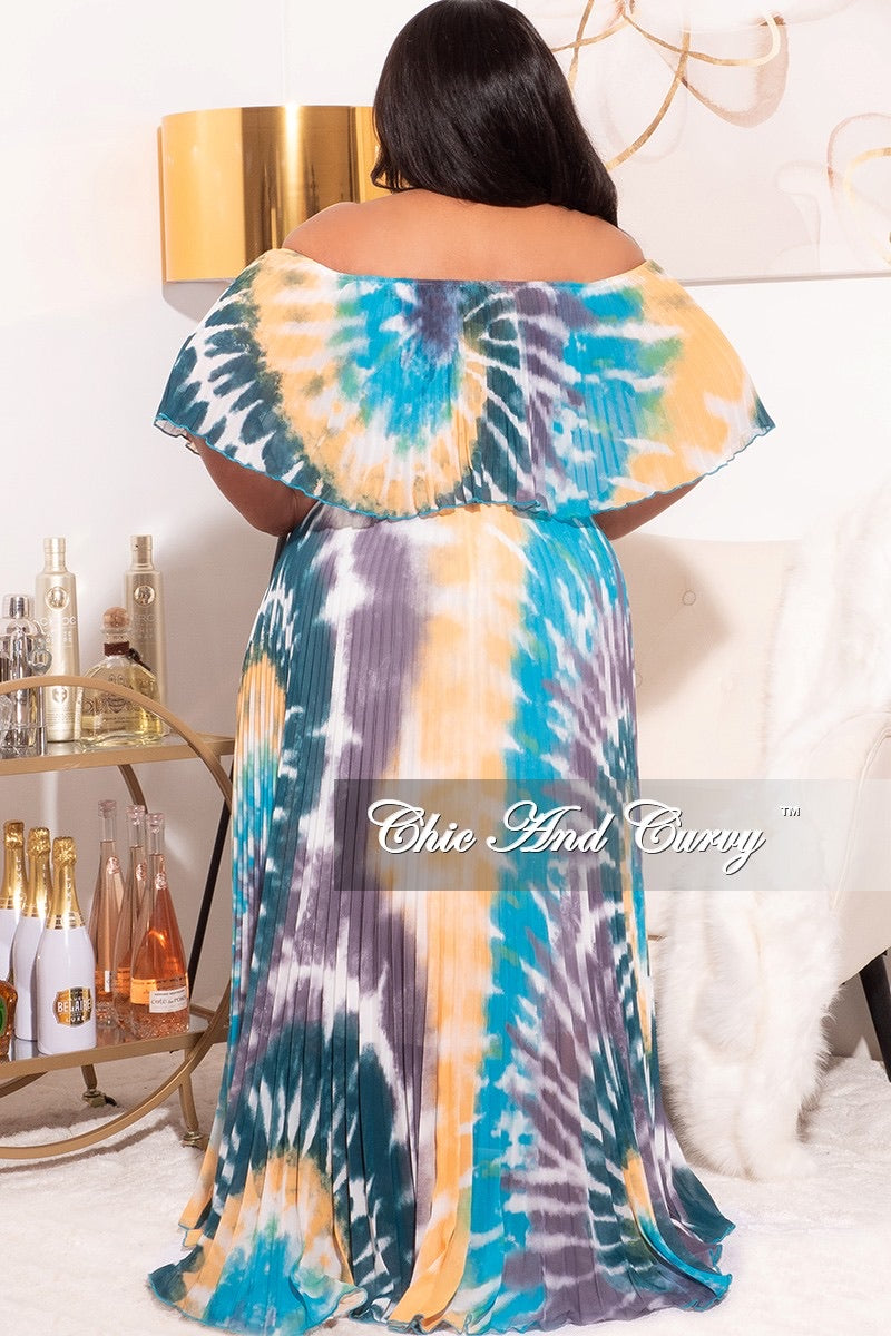 Final Sale Plus Size Off The Shoulder Maxi Dress in Teal/Mustard Multi Tie Dye