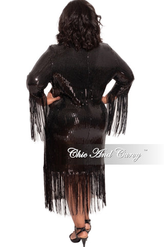 Final Sale Plus Size Sequin Coat Dress / Blazer with Rhinestone Buttons &  Fringe Bottom in Black