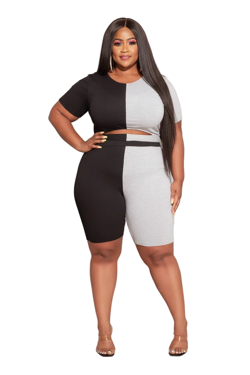 Final Sale Plus Size Half & Half 2pc Set in Black & Grey