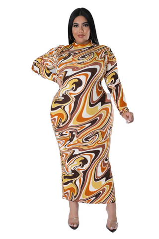 Final Sale Plus Size Reversible BodyCon Midi Dress in Mustard Multi Color Swirl Print