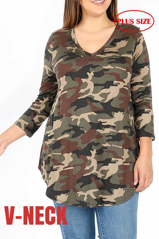 Final Sale Plus Size Top in Camouflage with Round Neck or V-Neck