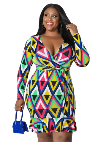 Final Sale Plus Size Faux Wrap BodyCon with Waist Tie and Bottom Ruffle in Multi Color Triangle Print