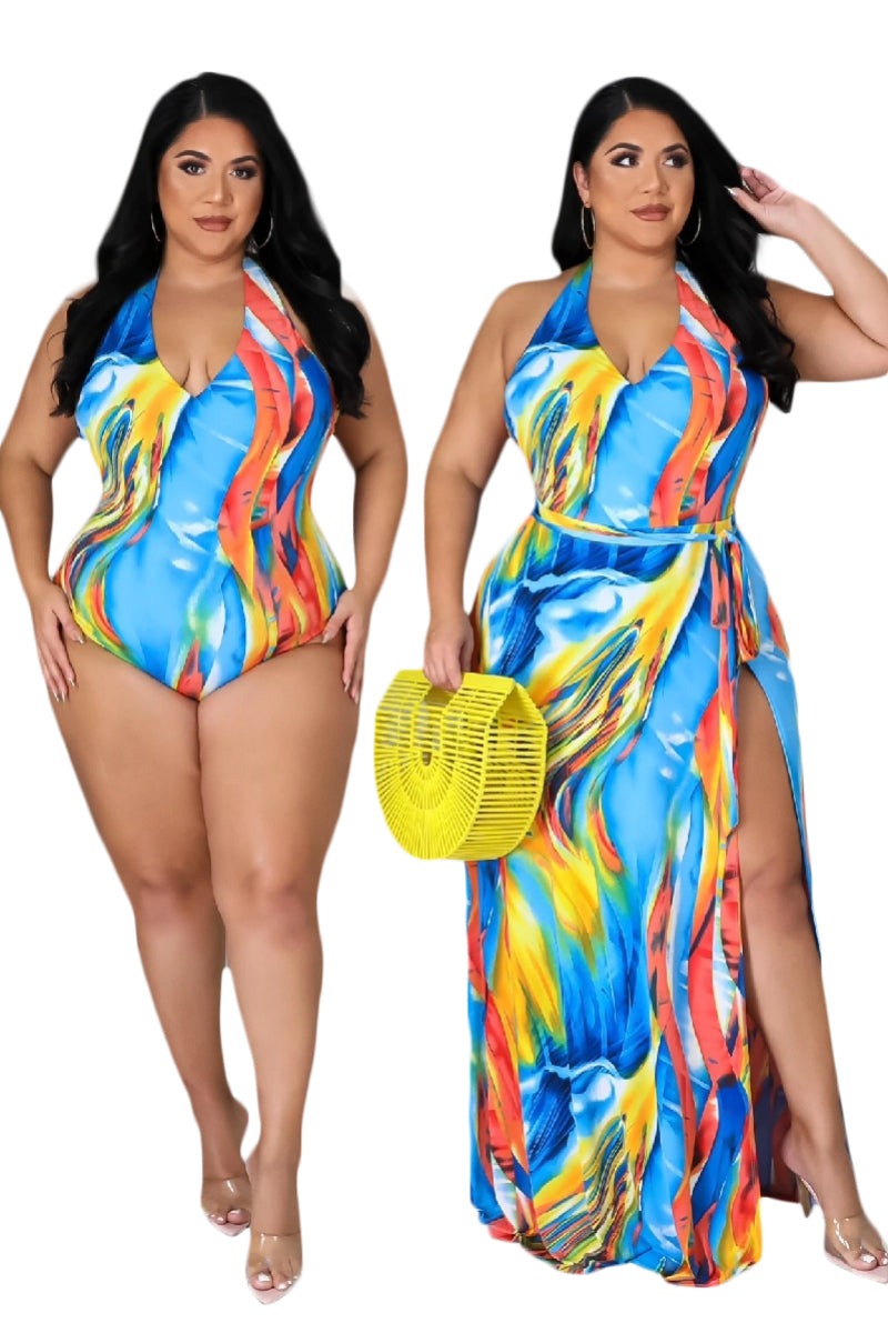 Final Sale Plus Size 2pc Set Poolside Playsuit with Bodysuit & High Split Skirt in Watercolor Print