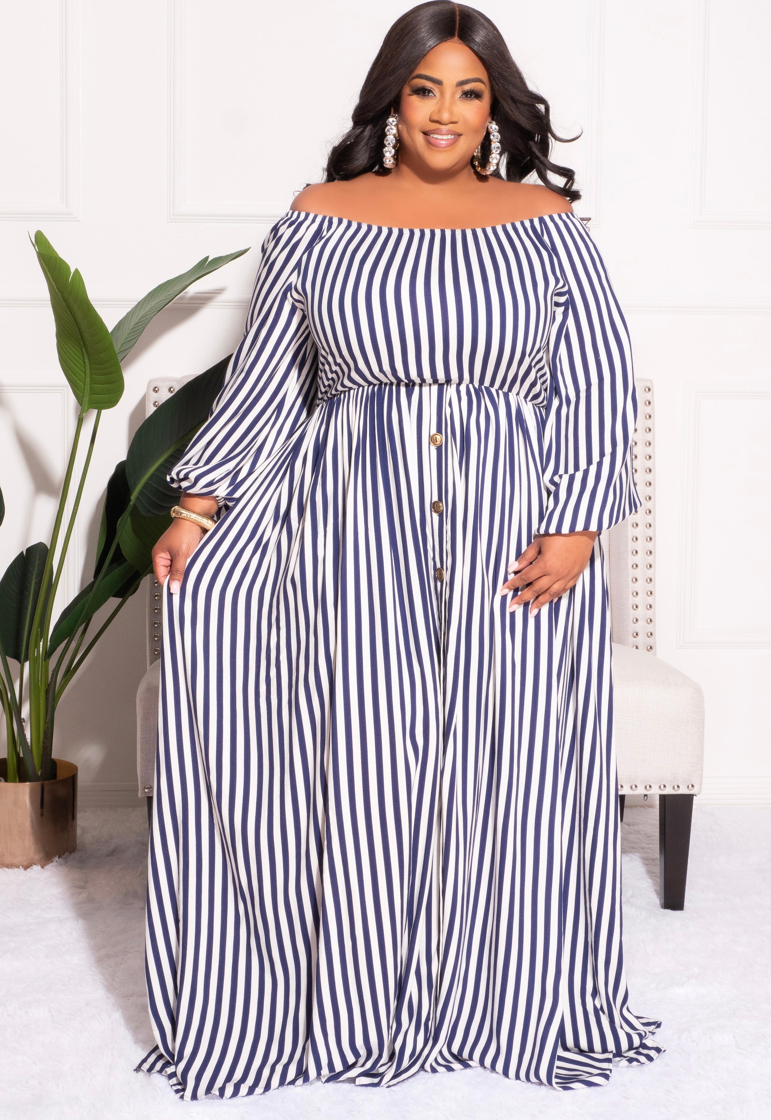 Final Sale Plus Size Off the Shoulder Maxi Dress with Button Up Bottom in Thick White & Navy Blue Stripe Print