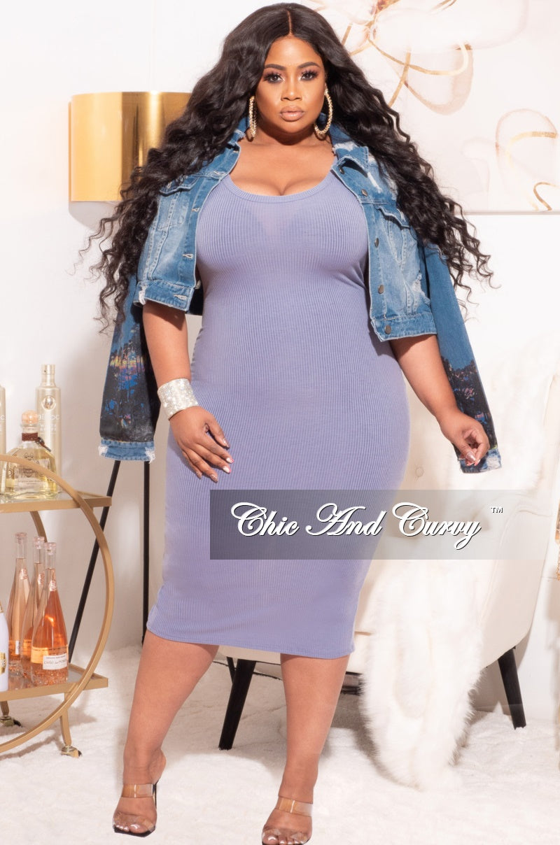 Final Sale Plus Size Ribbed BodyCon Tank Dress in Blue Lilac