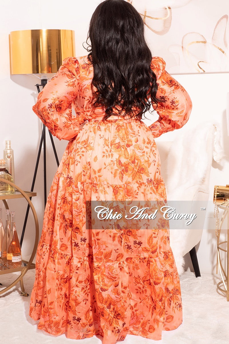 Final Sale Plus Size Chiffon Maxi Dress with Orange Floral Print