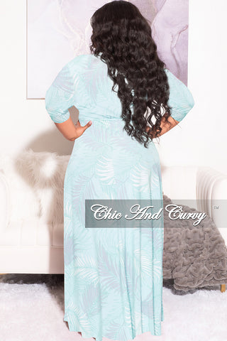 Final Sale Plus Size Faux Wrap Dress in Aqua Palm Print