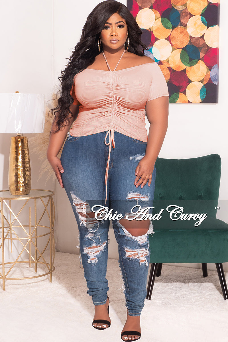Final Sale Plus Size Ribbed Ruched Drawstring Crop Top in Soft Pink
