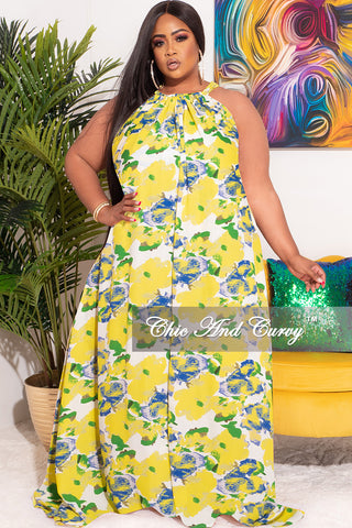 Final Sale Plus Size Long Halter Dress with Back Tie in Yellow, Blue & Green Floral Print