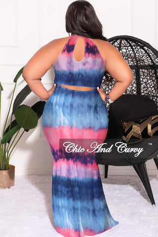 Final Sale Plus Size Halter Neck Sleeveless Mermaid Dress in Pink and Blue Tie Dye Print