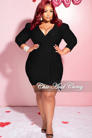 Available Online Only - Final Sale Plus Size Faux Wrap Puffy Sleeve BodyCon Dress in Black