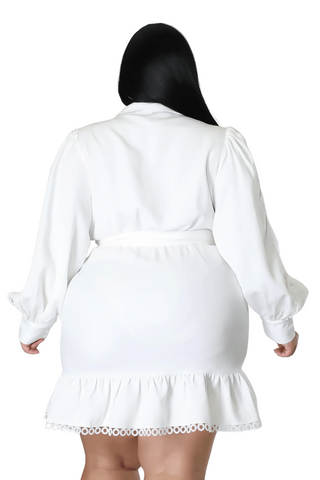 Final Sale Plus Size Collar Button Up Dress with Ruffle Bottom in Off White