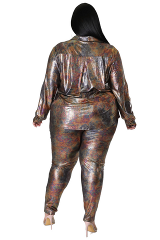 Final Sale Plus Size 2pc Button Up Shirt and Pants Set in Multi Print