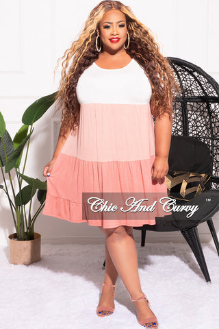 Final Sale Plus Size Flounce Sleeve Tiered Dress in White Salmon and Coral