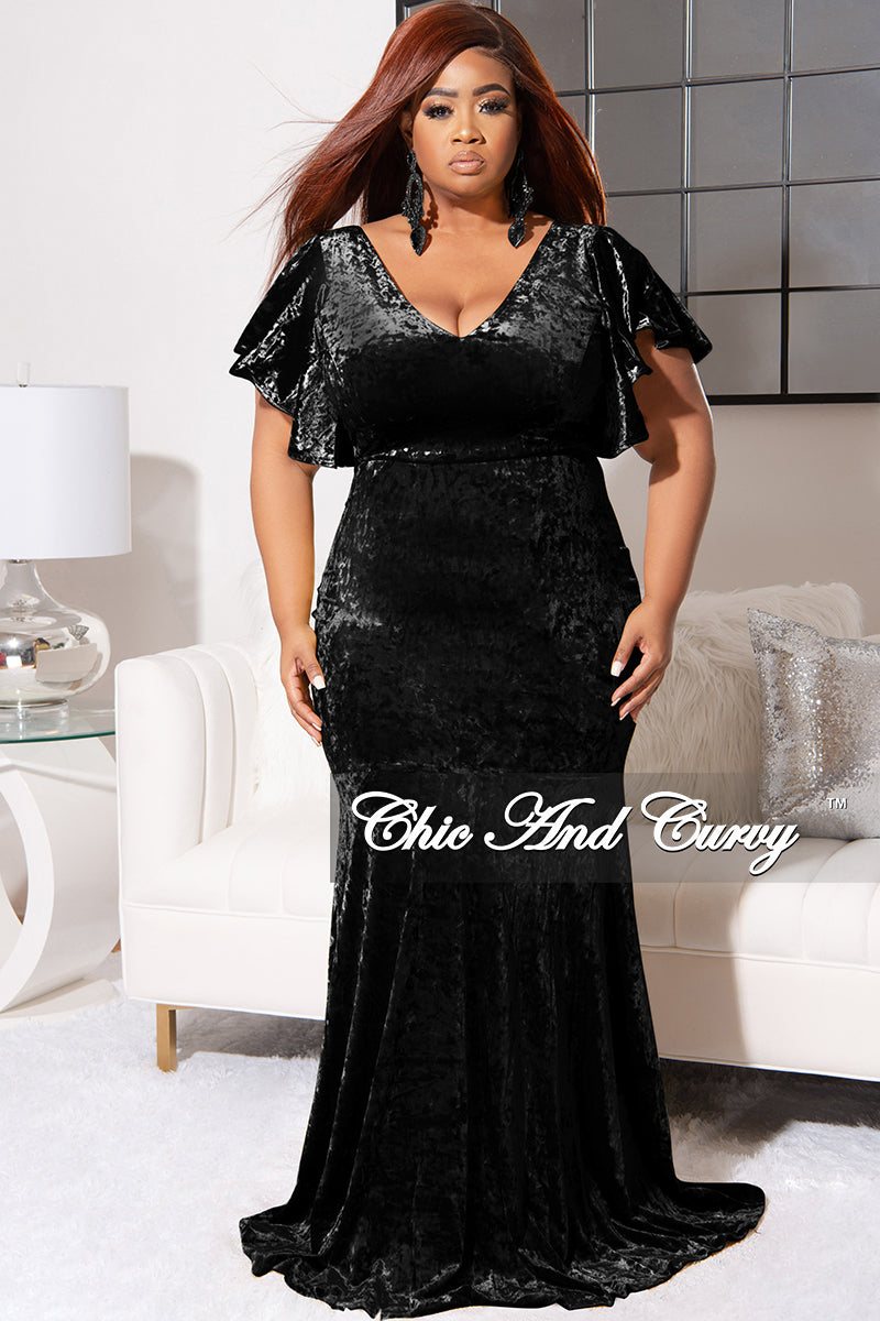 Final Sale Plus Size Faux Wrap Sleeves Gown Velvet in Black Chic And Curvy Final Sale Plus Size Faux Wrap Sleeves Gown Velvet in Black Chic And Curvy