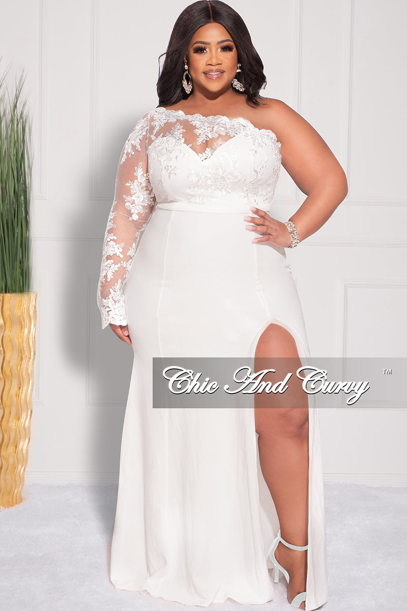 Final Sale Plus Size One Shoulder Long Sleeve Lace Detail Gown with Side Slit in Ivory