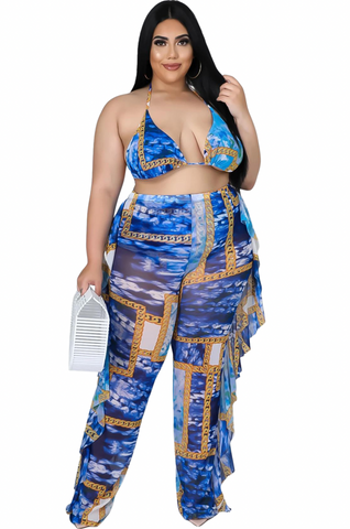 Final Sale Plus Size 3pc Poolside Playsuit (Bikini Top, High Waist Bottoms & Pants) Set in Blue Chain Print