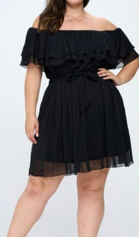 Final Sale Plus Size Off the Shoulder Dress with Waist Tie in Black