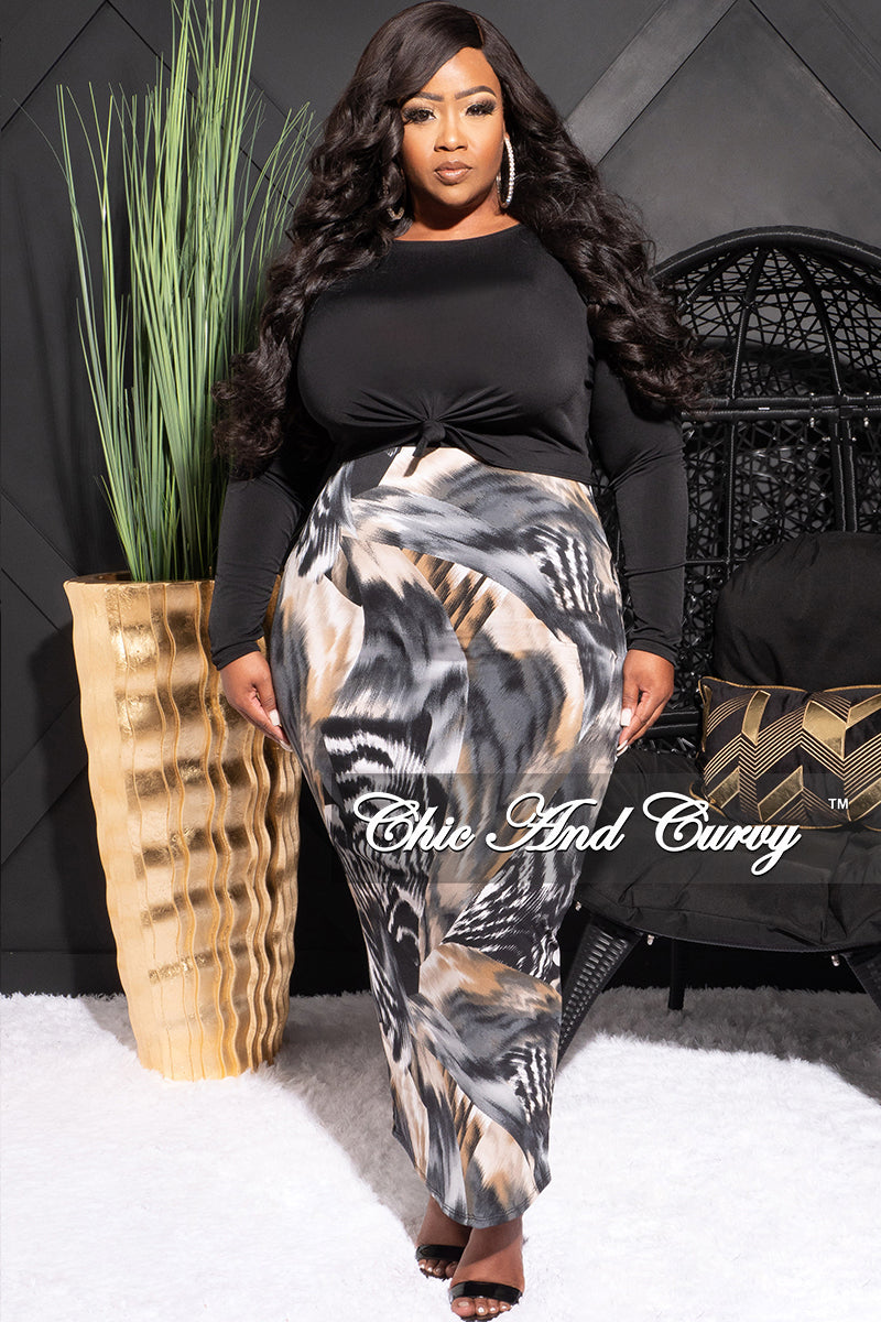 Final Sale Plus Size 2pc Long Sleeve Knotted Black Crop Top and Skirt Set in Multi Color Design Print