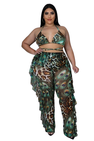 Final Sale Plus Size 3pc Poolside Playsuit Set (Top, High Waist Bottoms & Sheer Ruffle Pants) in Mix Animal Print