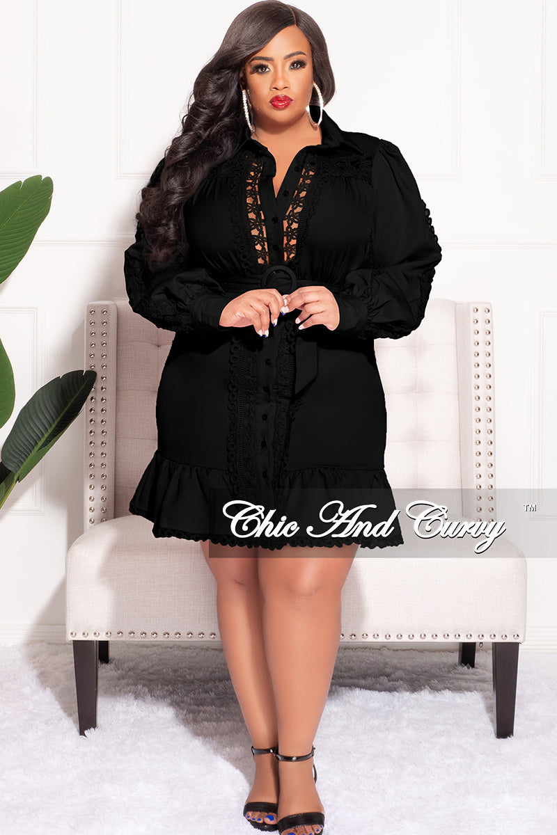 Final Sale Plus Size Collar Button Up Dress with Ruffle Bottom in Black