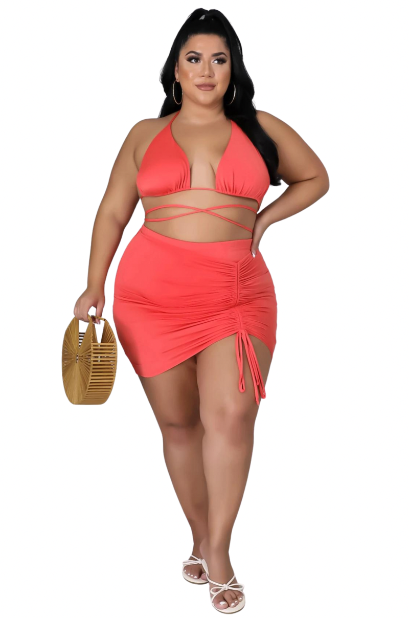 Final Sale Plus Size 3pc Set Bikini Top, Briefs & Ruched Skirt in Rust Orange