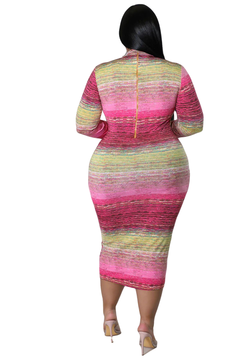 Final Sale Plus Size Reversible Long Sleeve BodyCon Dress in Pink Print