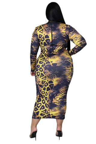 Final Sale Plus Size Reversible Bodycon Dress in Yellow & Black Animal Print Fall