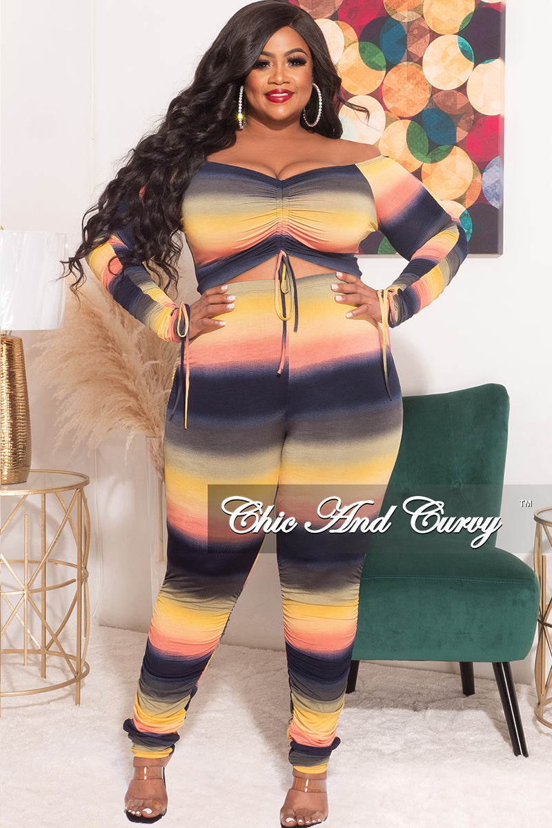 Final Sale Plus Size 2pc Off the Shoulder Ruched Crop Top & Pants Set in Navy Yellow and Pink