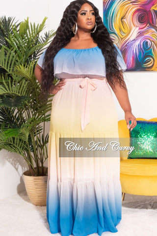 *Final Sale Plus Size Off The Shoulder Chiffon Maxi Dress in Yellow, Blue & Peach Ombre Summer