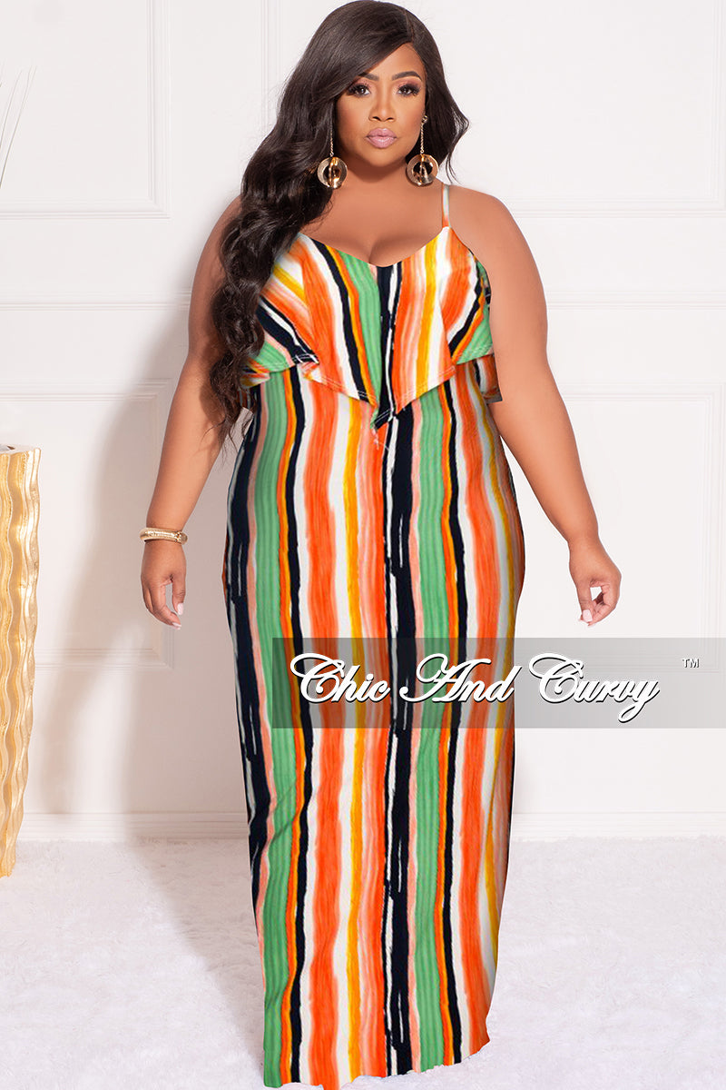 Final Sale Plus Size Maxi Dress with Spaghetti Straps & Overlay Ruffle in Multi-Color Vertical Stripes