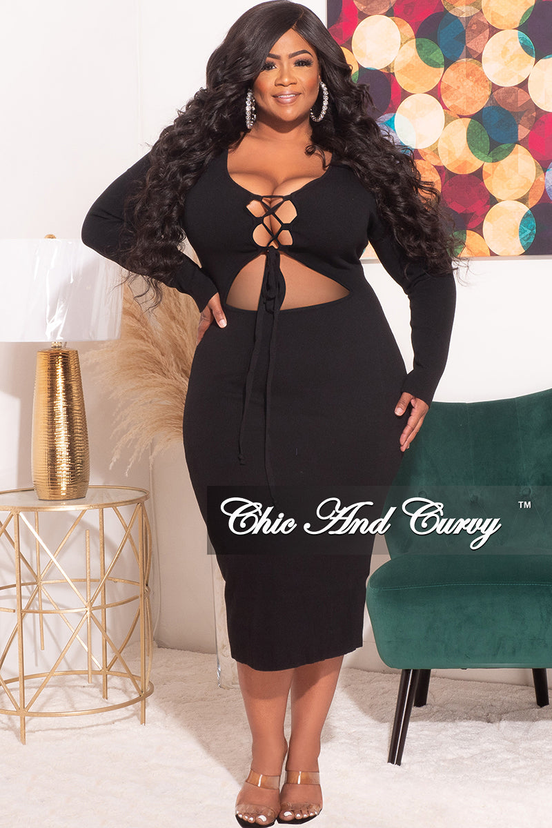 Final Sale Plus Size Long Sleeve Midi Dress with Lace Up Front in Black
