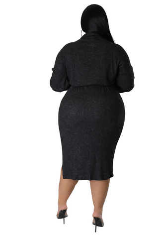 Final Sale Plus Size Long Sleeve Turtleneck Dress with Waist Tie and Slit in Black