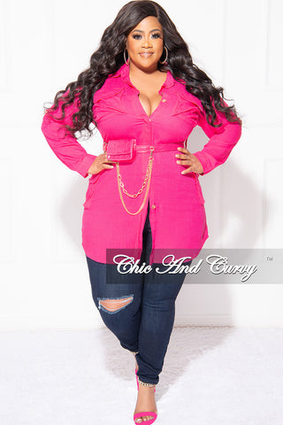 Final Sale Plus Size Collar Button Up Linen Top with Chain Pouch Belt in Fuchsia