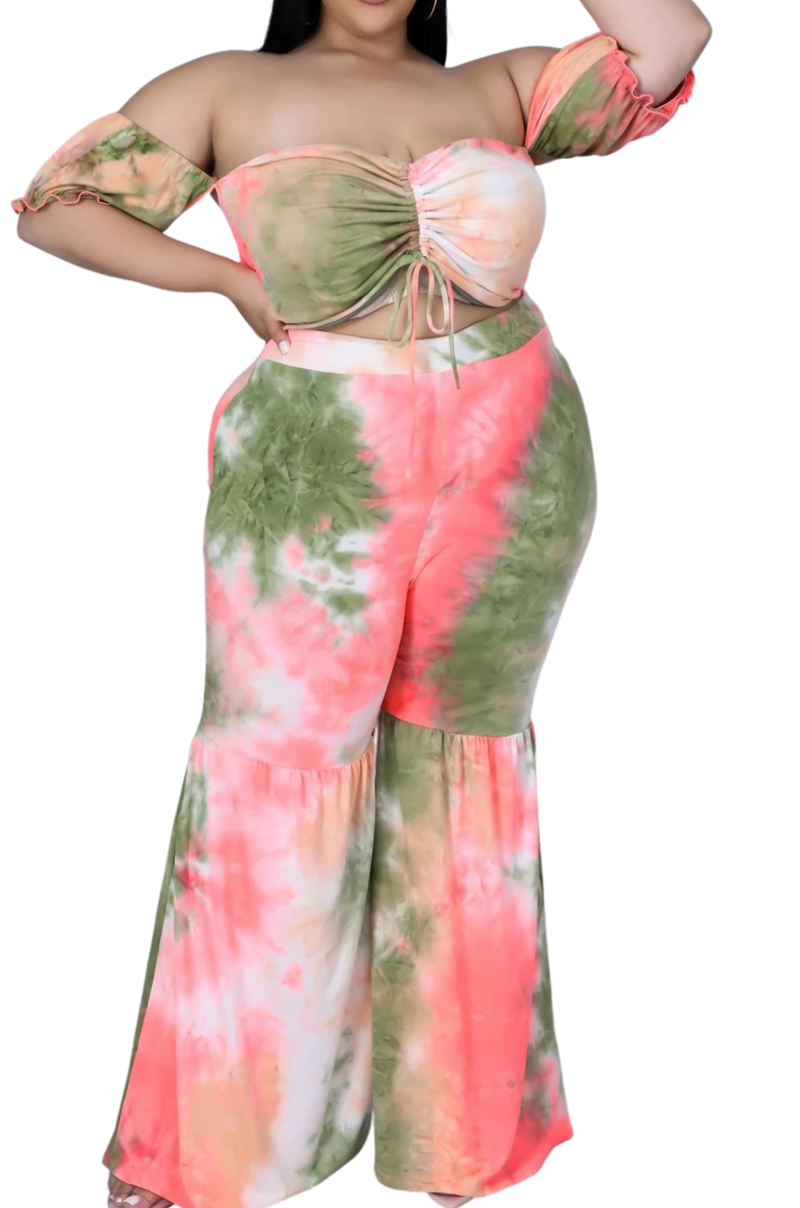 Final Sale Plus Size 2pc Set Crop Top & Flare Bottom Pants in Coral & Olive Tie Dye