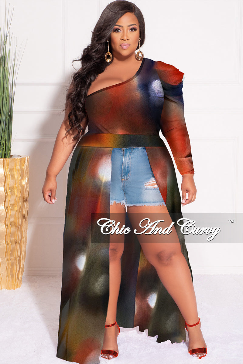 Final Sale Plus Size One Shoulder Mesh Top with Train in Navy Multicolor Design Print