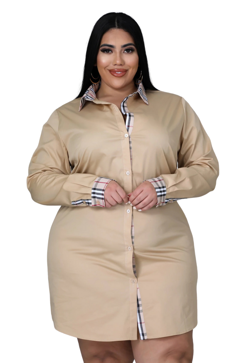 Final Sale Plus Size Collar Button Up Shirt Dress in Tan Plaid Print Final Sale Plus Size Collar Button Up Shirt Dress in Tan Plaid Print