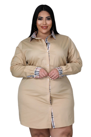 Final Sale Plus Size Collar Button Up Shirt Dress in Tan Plaid Print