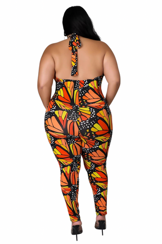 Final Sale Plus Size Halter Jumpsuit in Butterfly Multi-Color Print Summer