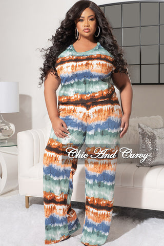 Final Sale Plus Size 2Pc Set with Crop Top & Pants in Teal Multi-Color Print