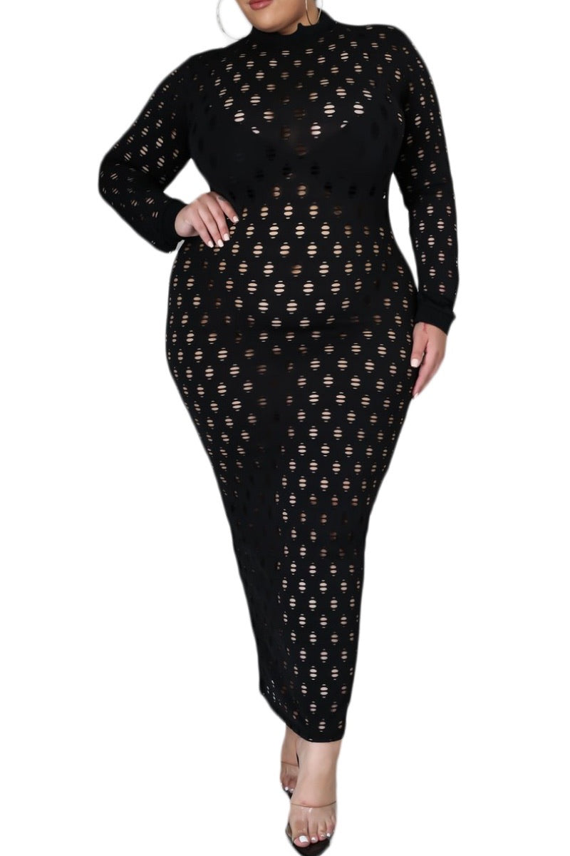 *Final Sale Plus Size Sheer ZipUp Bodycon Dress with Holes in Black