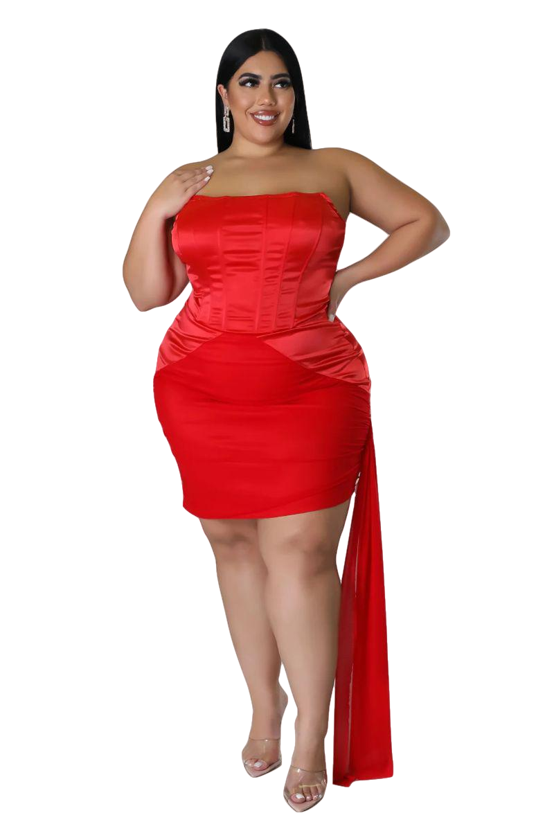 Final Sale Plus Size Satin Strapless Mini Dress with Side Train in Red - 1x 14/16 Final Sale Plus Size Satin Strapless Mini Dress with Side Train in Red - 1x 14/16