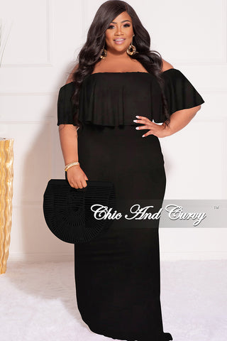 Final Sale Plus Size Off the Shoulder Ruffle Overlay Maxi Gown in Black